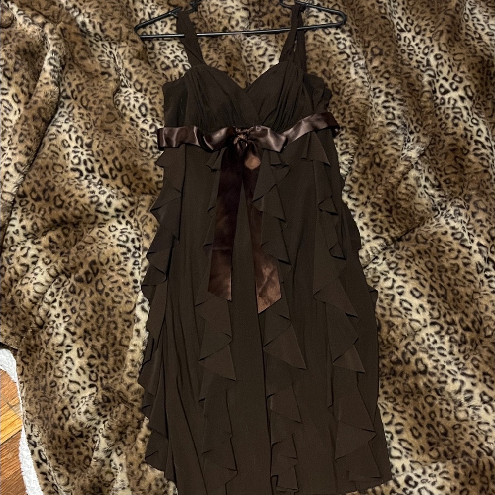 Betsy & Adam Chocolate Brown Ruffle Ribbon satin Mini Dress vintage